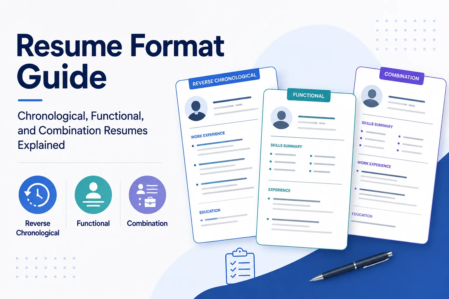 Resume format guide comparing chronological, functional, and combination resume structures