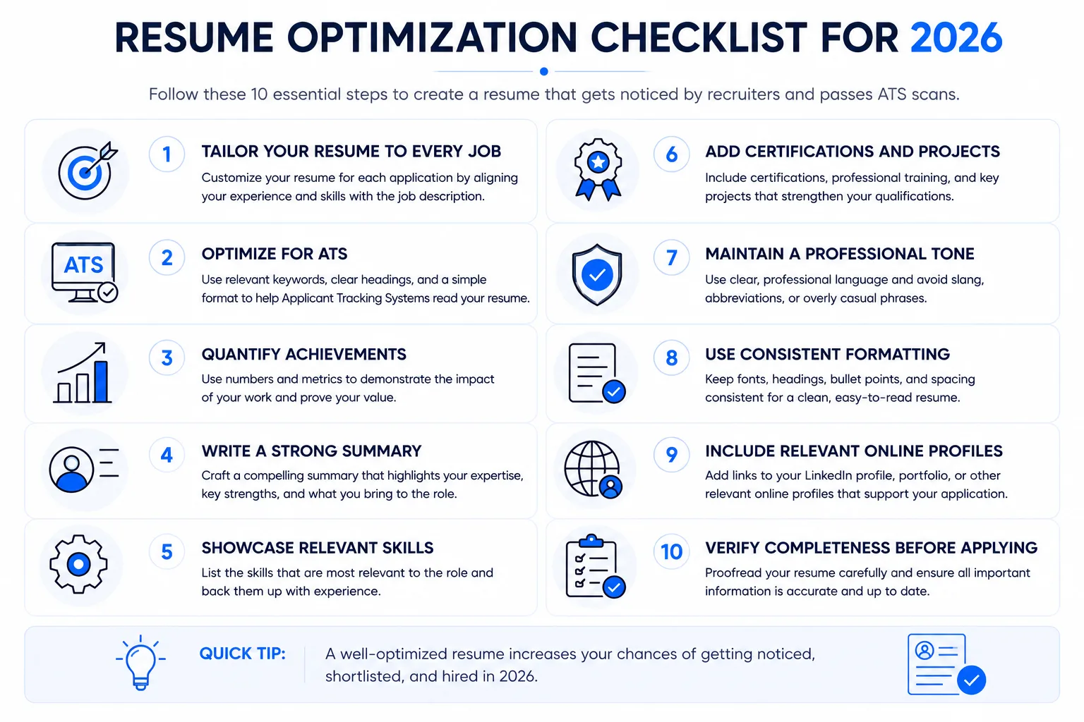 Resume optimization checklist showing 10 resume tips for ATS compatibility, formatting, skills, achievements, and job application success.