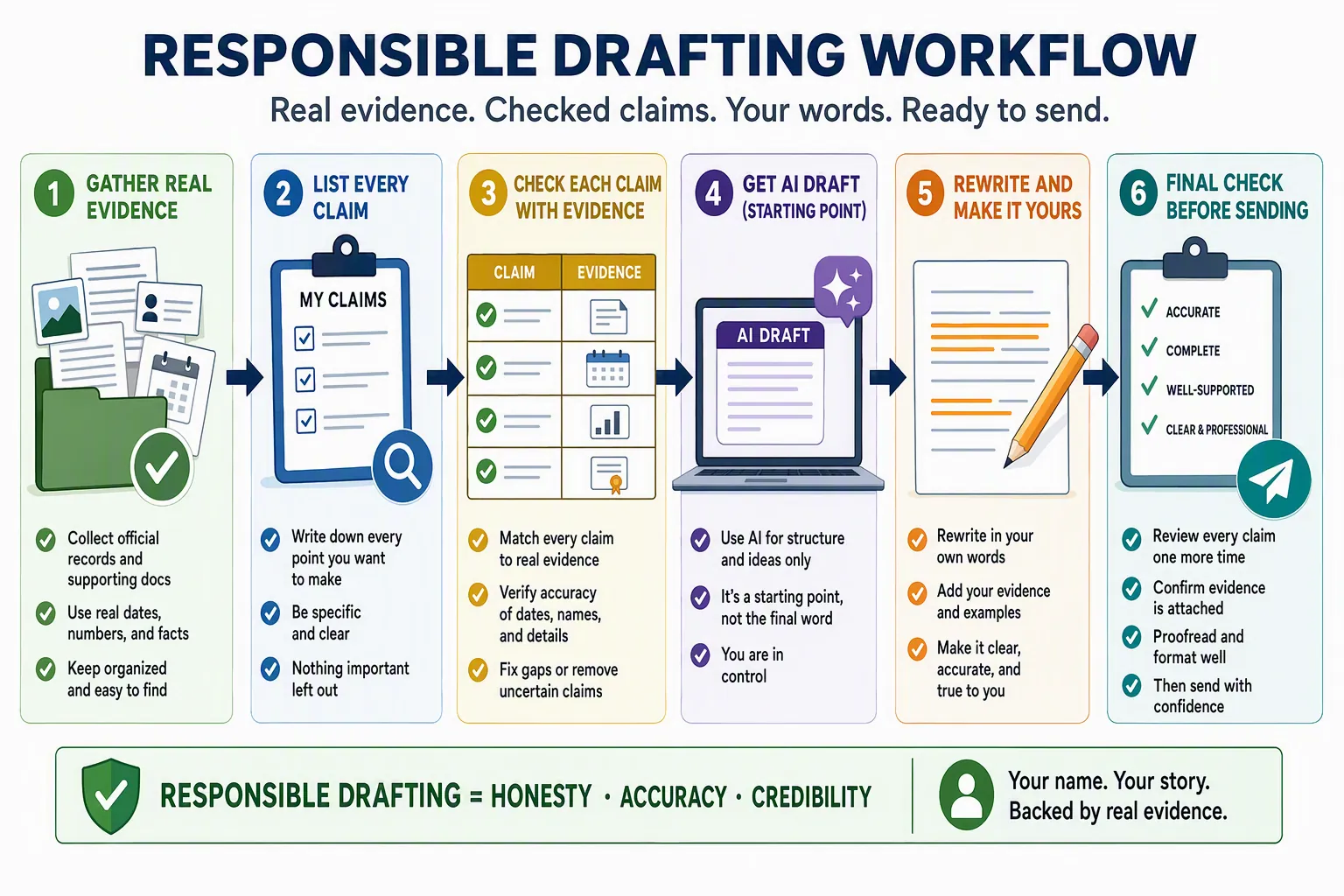 Workflow moving from a job description and personal evidence to an AI draft, fact check, revision, and final cover letter.