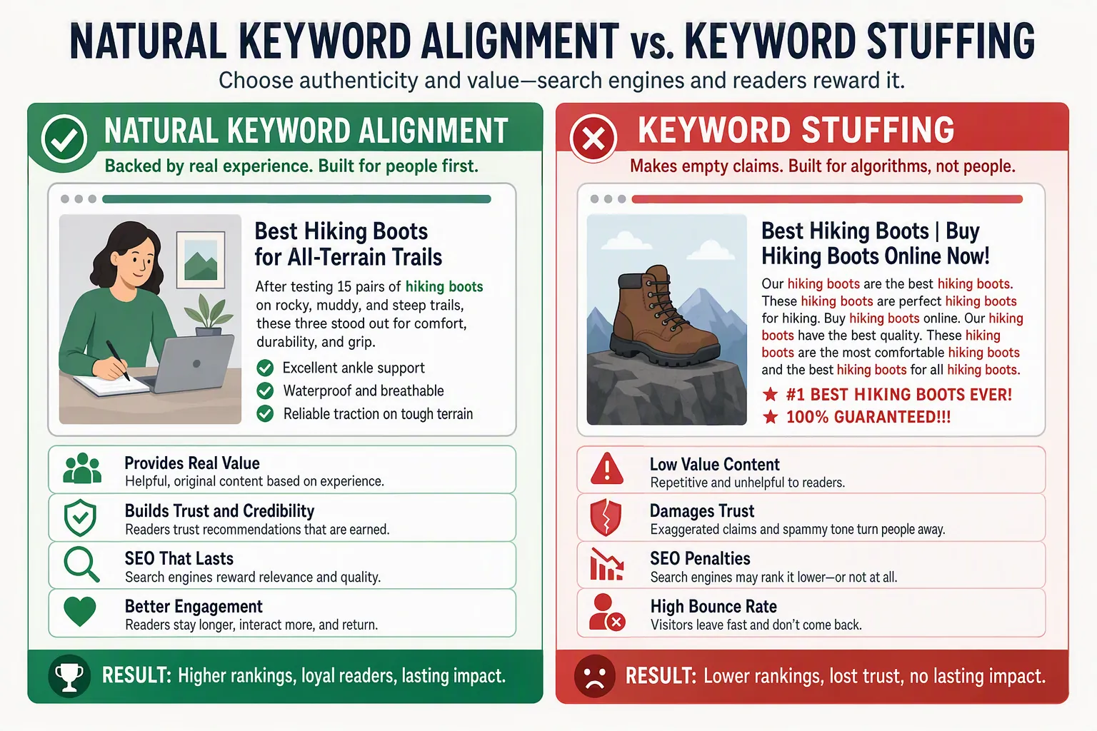 Resume keyword comparison showing job-description language supported by experience evidence versus copied keyword stuffing without proof.