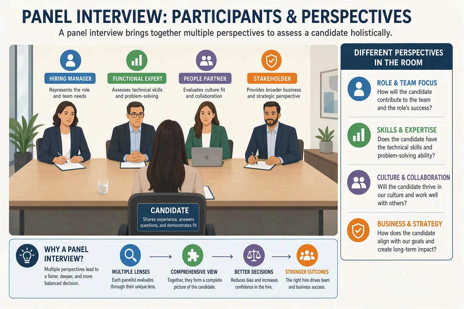 Candidate speaking with several interviewers who represent the hiring manager, future teammates, and cross-functional partners.