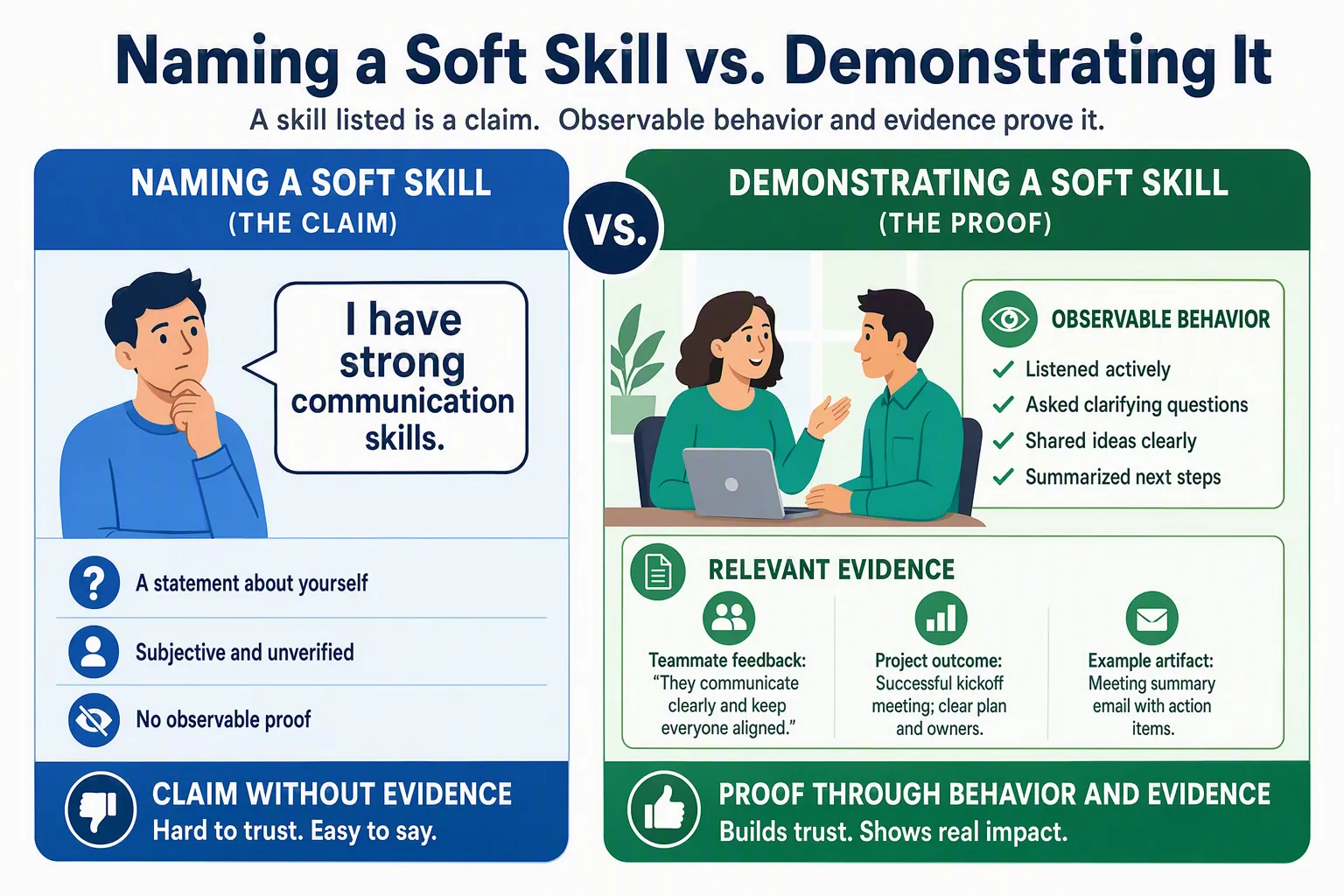 Workplace behaviors such as communication, collaboration, adaptability, and judgment demonstrated through specific actions and outcomes.