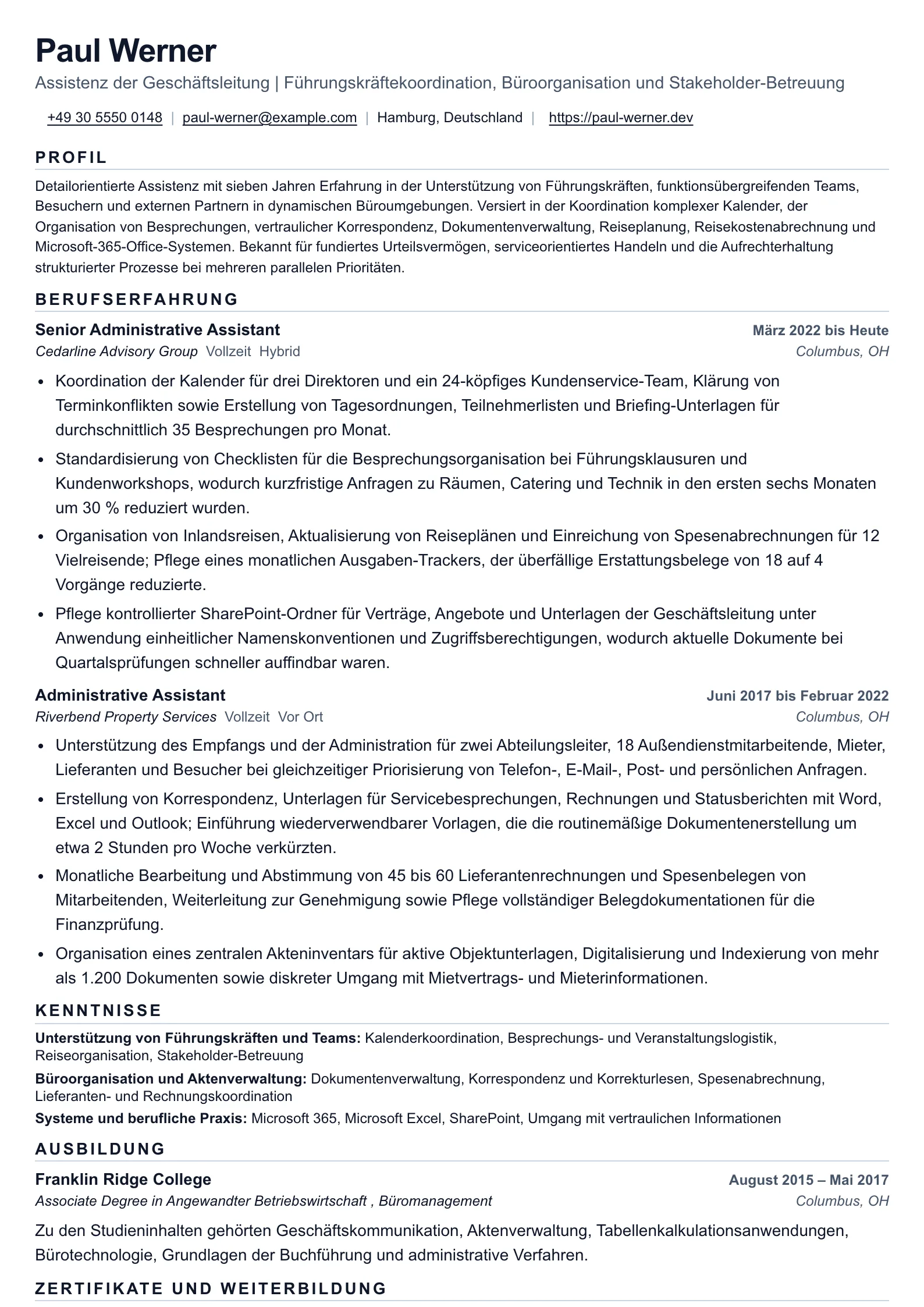 Lebenslauf für Verwaltungsassistenz mit koordinierter Bürounterstützung