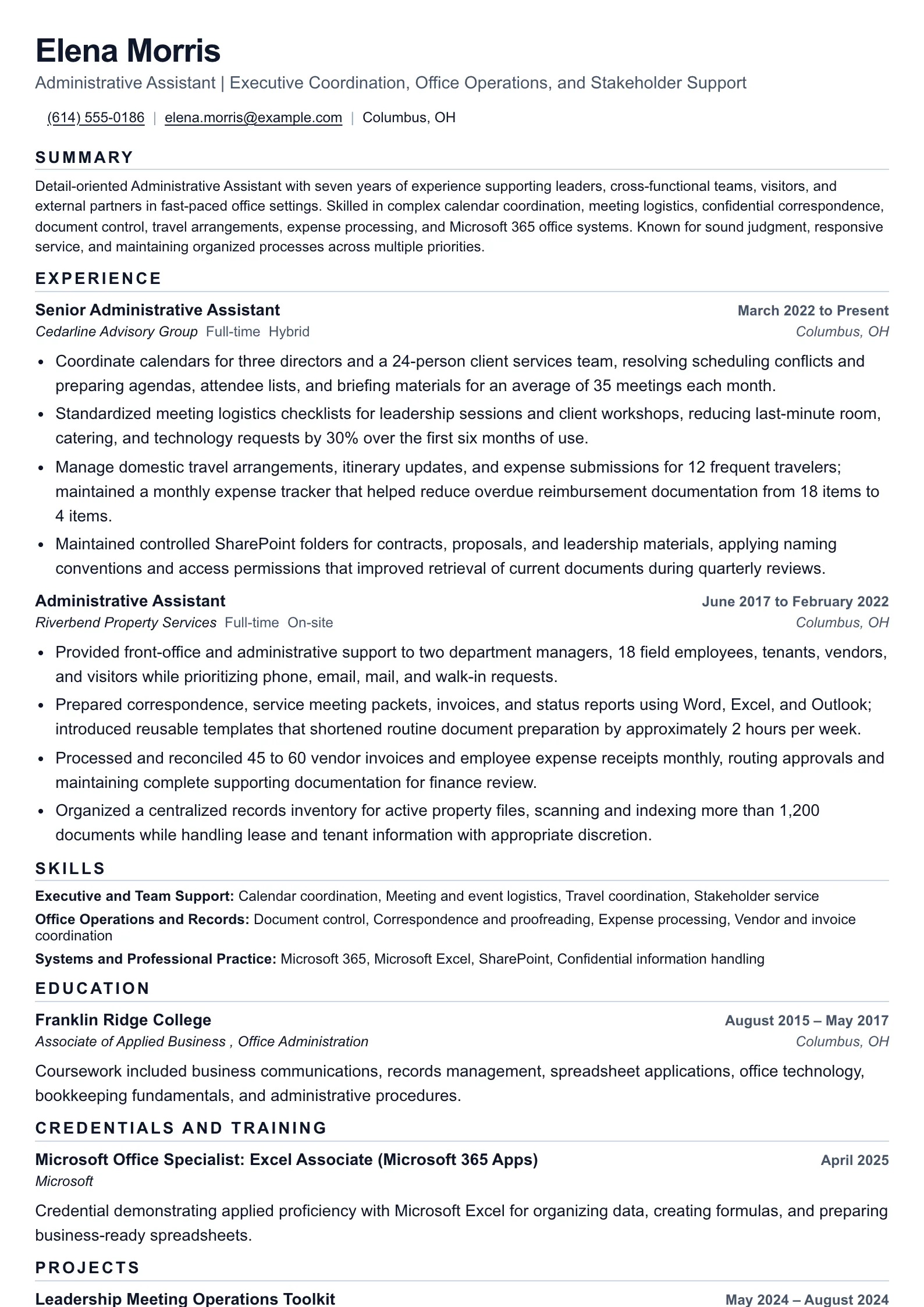 Administrative Assistant resume for coordinated office support