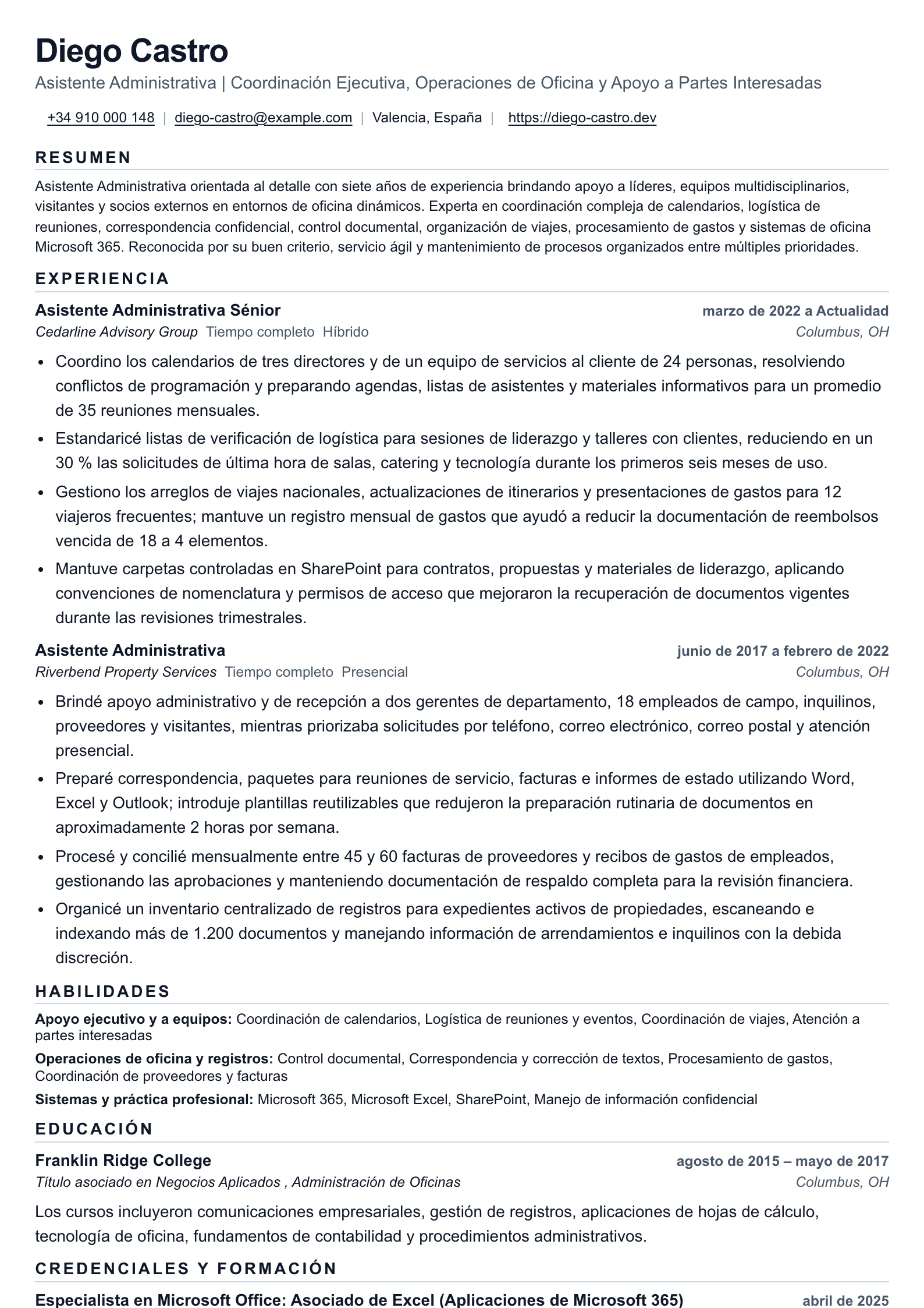 Currículum de Asistente Administrativo para apoyo coordinado de oficina