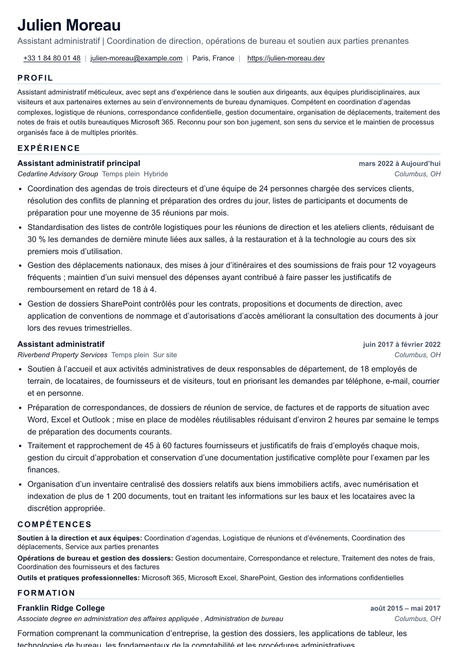 CV d’assistant administratif pour un soutien de bureau coordonné