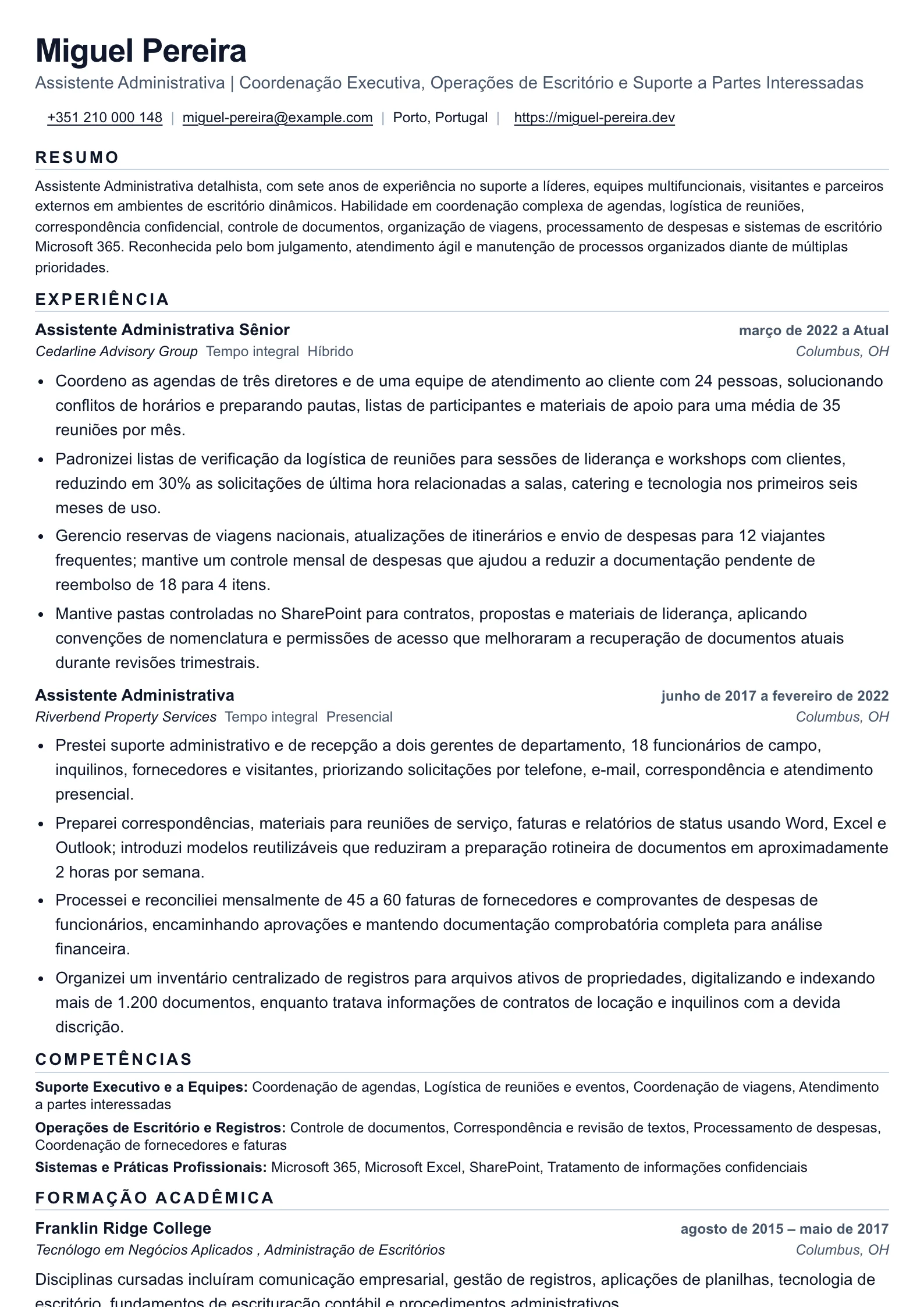 Currículo de Assistente Administrativo para suporte coordenado de escritório