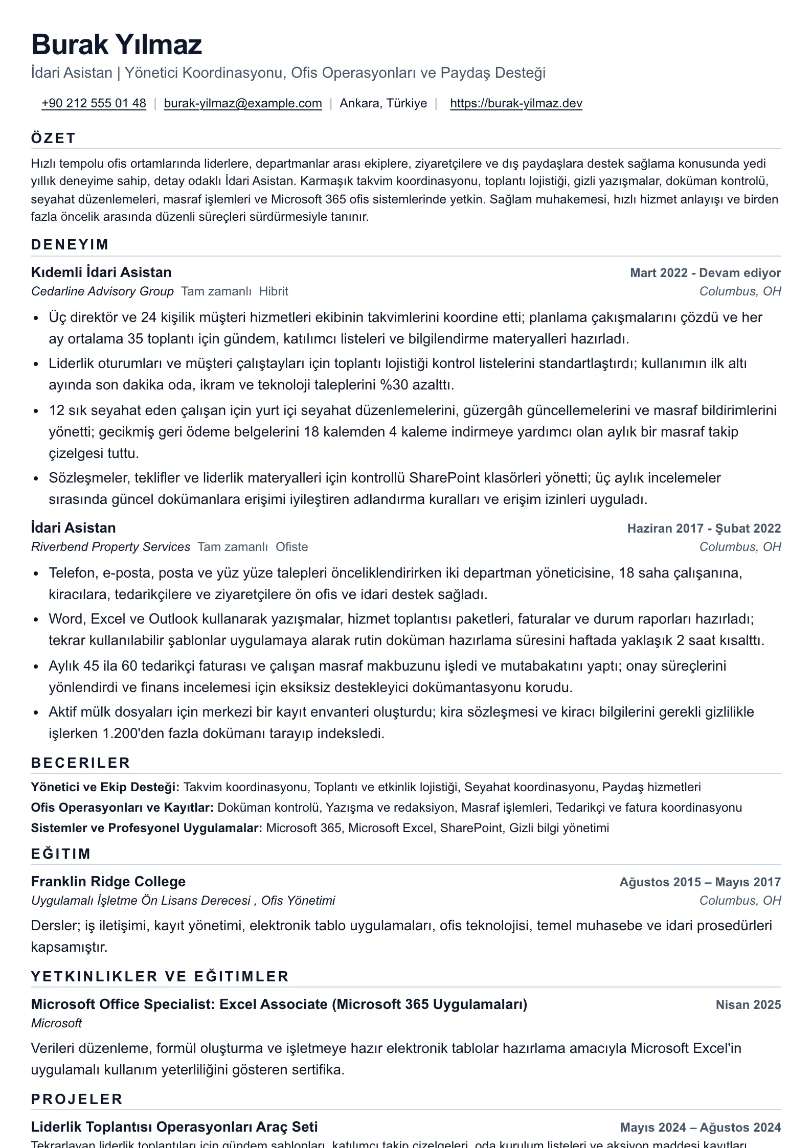 Koordineli ofis desteği için İdari Asistan özgeçmişi